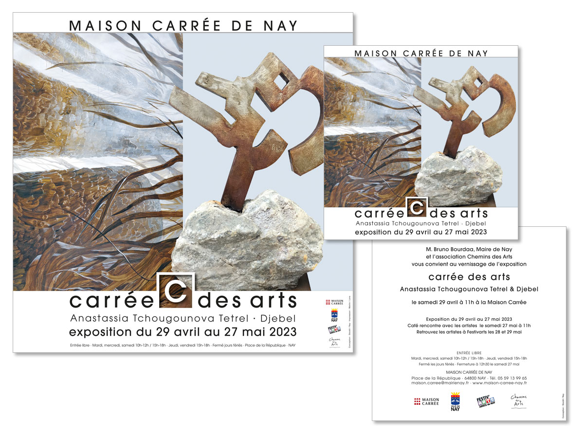 Exposition Exposition "carrée des arts" 2023 à la Maison Carrée de Nay - Une affiche et un carton signés scom communication